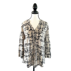 Dressbarn Beige & Black Playful Print 3/4 Sleeve Blouse Size L Lightweight Flowy